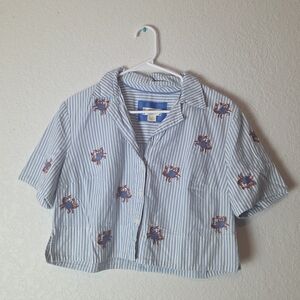 Maeve By Anthropologie Crop Short Sleeve Button Up Surf Shirt W/ Crab Embroidery